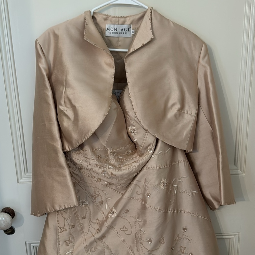 Montage Mon Cheri formal beaded strapless ball gown with matching jacket. Sz 12